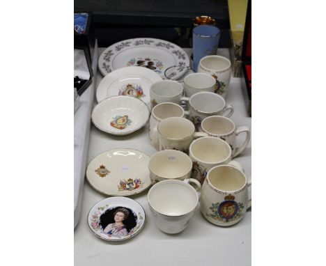 AN ASSORTMENT OF COMMEMORATIVE WARE TO INCLUDE MUGS, A GOBLET, PLATES ETC 