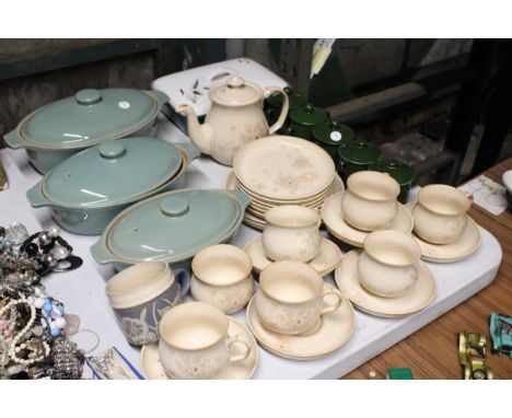 A QUANTITY OF DENBY STONEWARE TO INCLUDE A MAPLEWOOD TEAPOT, CUPS, SAUCERS, PLATES, GREENWHEAT LIDDED VEGETABLE TUREEN, ETC.,