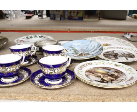 FOUR AYNSLEY COBALT BLUE EMBOSSED TEACUPS AND SAUCERS TOGETHER WITH AYNSLEY CHRISTMAS CABINET PLATES, VINTAGE BRASS MARDI GRA