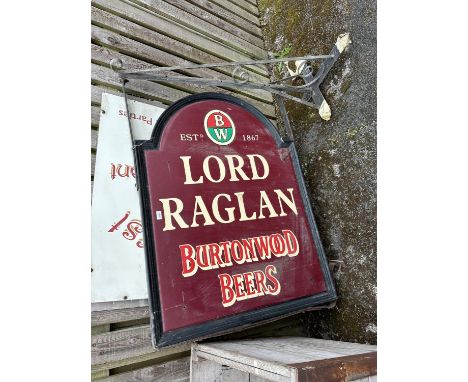 A LARGE WALL HANGING 'LORD RAGLAN' PUB SIGN WITH BRACKET AND TWO FURTHER PUB SIGNS 'THE SANDHURST' 
