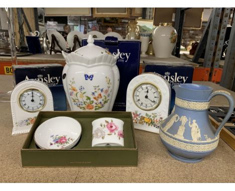THREE PIECES OF BOXED AYNSLEY 'SOMERSET' AND 'COTTAGE GARDEN' TO INCLUDE TWO MANTLE CLOCKS AND A LARGE LIDDED JAR, A BOXED RO