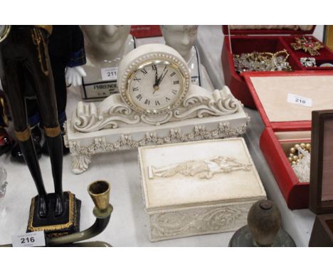 A ROMAN/GREEK STYLE QUARTZ MANTLE CLOCK TOGETHER WITH A TRINKET BOX 