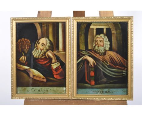 St Mark and St Matthew, a pair of prints and painting on glass, 35cm x 25cm; and a modern print of a cow  in landscape in an 
