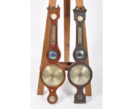 A George III mahogany and boxwood wheel barometer, with silvered dials, height 96cm; and another similar by J Morse, Lyneham 