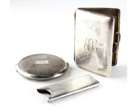 A silver cigarette case of rectangular form, hallmarked Birmingham 1915, together with a silver compact decorated with Art De