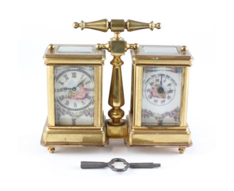 A brass carriage style clock and barometer set, circa 1900, each conjoined with porcelain mounted face and side panels printe