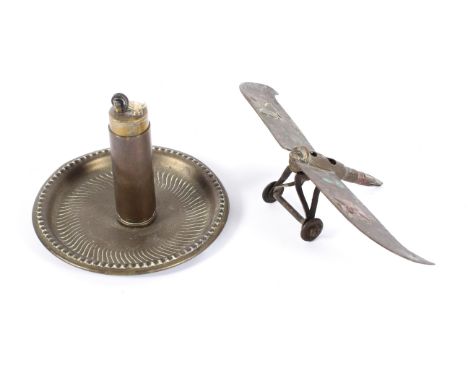 A German World World I brass trench art aircraft applied with copper iron crosses on the wings based on an early Taube design