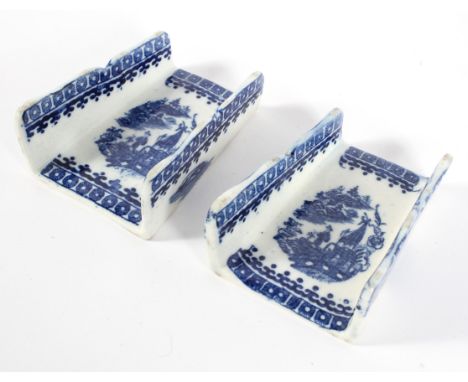 A pair of English porcelain blue and white asparagus servers, late 18th century, probably Caughley, printed with chinoiserie 