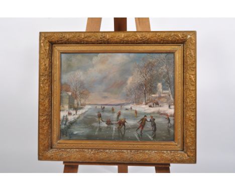 R Evans, Dutch style ice skating scene, signed lower right, oil on canvas, 42cm x 55cm