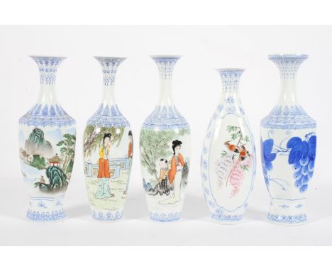 Five Chinese eggshell porcelain presentation vases, each printed with figures, birds or fruit, within blue lappet shaped bord