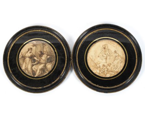 Two framed Old Master pen and ink drawings, each cut as circular panels, the first emblematic of Victory or War and the other