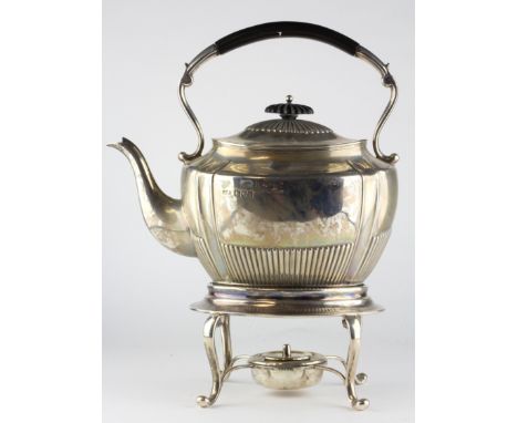 An Edwardian silver spirit kettle, burner and stand by Elkington &amp; Co Ltd, hallmarked London 1901, the oval kettle with d