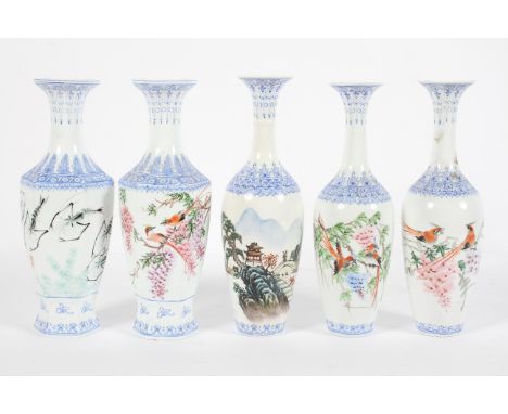 Five Chinese eggshell porcelain presentation vases, each printed with birds, insects and figures in landscape, within blue la