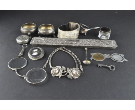 A collection of assorted silver items, to include a pair of Victorian open salts, a bangle and more