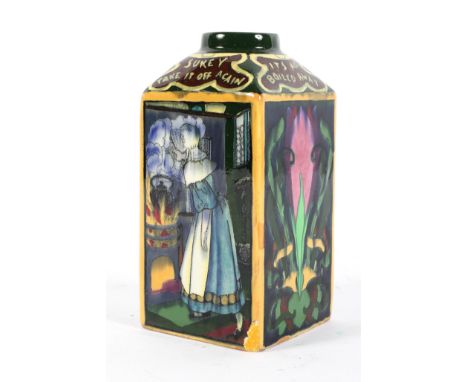 A Foley 'Intarsio' pattern tea caddy of square section, circa 1890, printed blue marks, printed and painted with verses from 