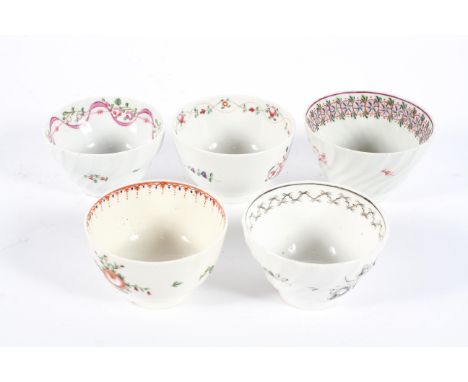 A collection of English porcelain tea bowls, circa 1780-90, including New Hall-type, Caughley and others, each painted with f