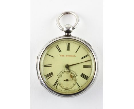A Victorian silver pocket watch, titled "The Russell Railway Timekeeper" the enamel dial with Roman numerals denoting hours, 