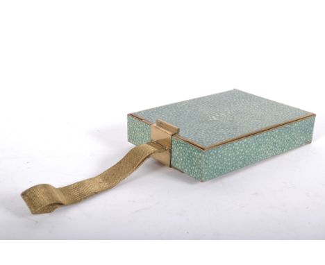 An Art Deco style gilt metal and green shagreen style cosmetics case of rectangular form, engraved with the initials RA to th