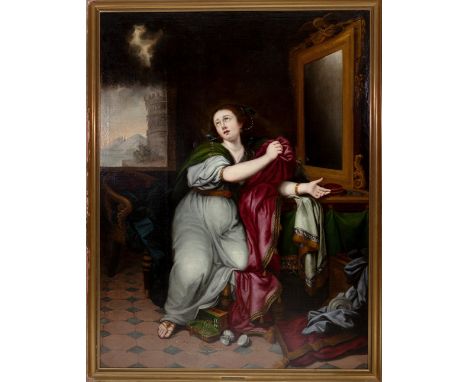 ANTONIO MARÍA ESQUIVEL Y SUÁREZ DE URBINA, (Seville, 1806 - Madrid, 1857)."Portrait of a Surprised Lady".Oil on canvas.Unsign