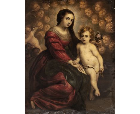 19th century Spanish school, following the models of Peter Paul Rubens "Maddona with the parrot"."Virgin of the Rosary".Oil o