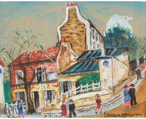 LUCIEN GENIN (Rouen, 1894 - Paris 1953)."Lapin Agile été".Watercolour and charcoal on paper.Signed in the lower right corner.