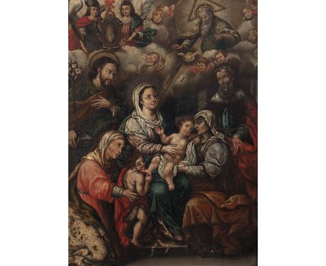 19th century Spanish school."Holy Family" or "Holy Parentage".Oil on panel.It presents woodworm not active nowadays.Measureme