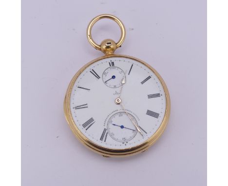 A Victorian 18ct yellow gold open face Pocket Watch,&nbsp;by Barraud &amp; Lunds, with white enamel dial, Roman Numerals, sub