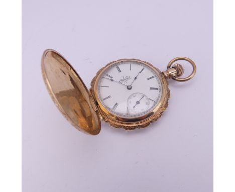 An Elgin 14ct gold lady's hunter Pocket Watch,&nbsp;white enamel dial with Roman numerals and subsidiary seconds dial, manual