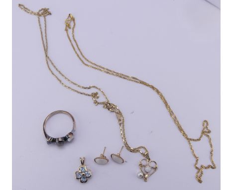 An opal and cultured pearl Pendant, in the Art Nouveau style, mounted in 9ct yellow gold, 2.3cm long, on a 9ct gold trace cha
