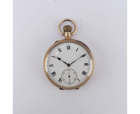 A 9ct yellow gold open face Pocket Watch, the unsigned white enamel dial with Roman Numerals and subsidiary seconds dial, man