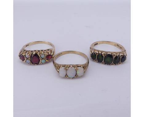 An antique style garnet and opal Ring, mounted in 9ct yellow gold, Size Q½, together with a graduated five stone tourmaline r