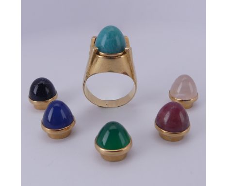 A vintage French (?) 18ct yellow gold interchangeable Dress Ring, the high crown setting with screw fitting gold mounted cabo