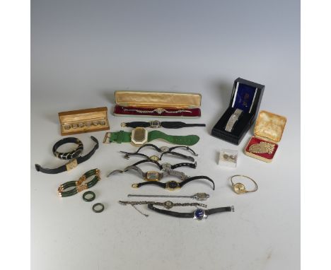 A cased set of vintage silver and mother of pearl Buttons, together with a quantity of lady's wristwatches, a jade bracelet a