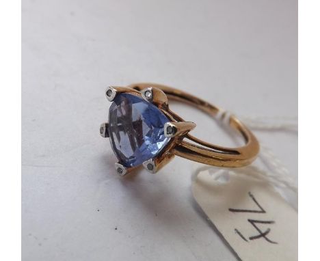 9ct Tanzanite ring set with diamond points  approx size R  3.5g inv      