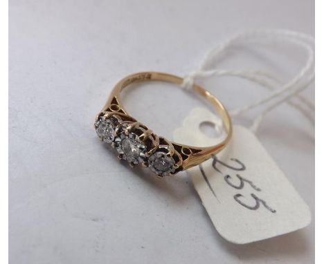 9ct  illusion set ring with 3 small   diamonds approx size K      