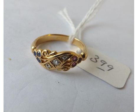 Antique 18ct gold ring set with rubies, sapphires  and diamonds approx size N      