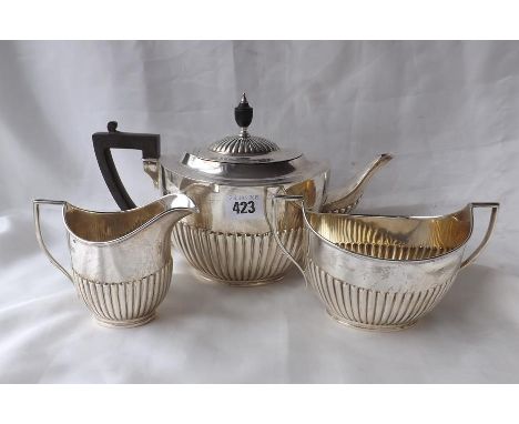 GOOD THREE PIECE HALF REEDED TEA SERVICE  11" over spout Lon 1912 by WHS 1150g.    