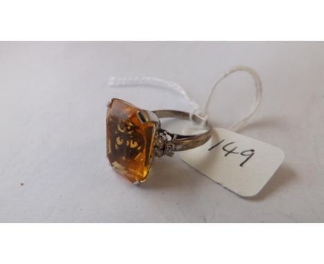 White gold and diamond orange stone ring  approx size L        