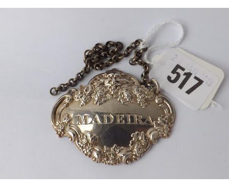 Bottle ticket for Madeira with vine and mask border  B'ham 1872 by ET        