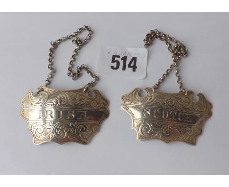 Pair of Victorian bottle tickets for 'Scotch', the other for  'Irish' B'ham 1884 by CC       