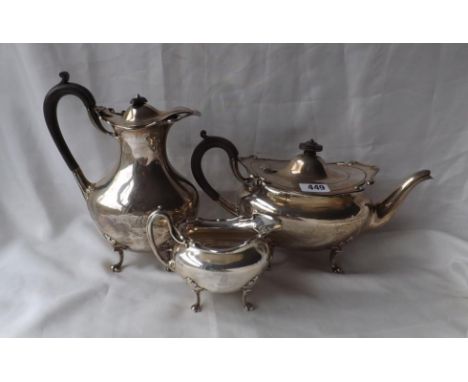 Large Art Nouveau tea service, shaped rims, each raised on paw feet 11.5" over spout Lon 1917/18 by Goldsmiths company 1510g.
