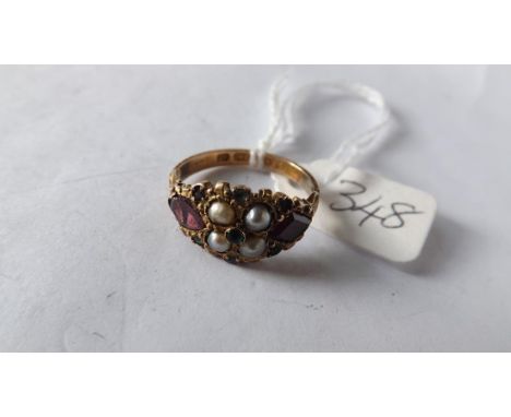 Antique 15ct gold pearl and garnet set ring     