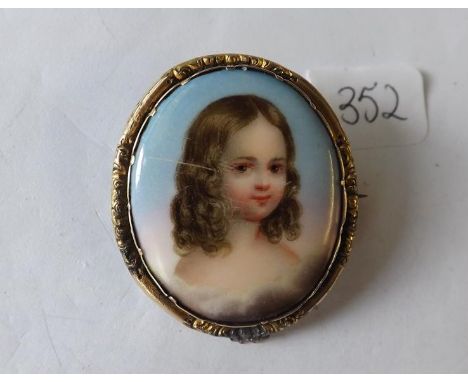 19thc painted ceramic brooch of a young girl   