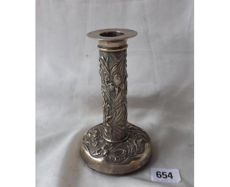 Art Nouveau floral embossed candle stick 5" high Lon  1904 by Goldsmiths Co.       