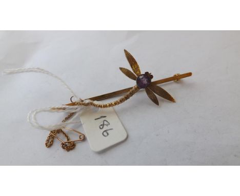 Attractive 9ct amethyst dragonfly brooch   6.5m long 4.6g inc       