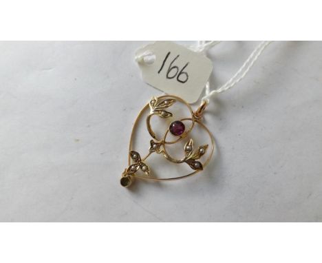 Suffragette: 9ct antique pendant set with   pearls, peridot and amethyst.      