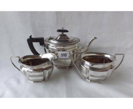THREE PIECE BACHELORS GEORGIAN STYLE BOAT  SHAPED TEA SERVICE, 9" over spout B'ham 1910  by WA 600g.        