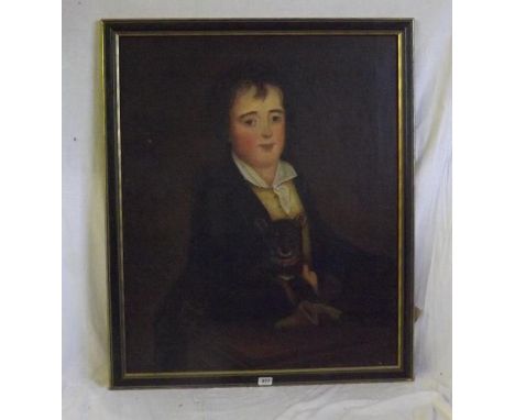 Early Victorian school. Portrait of young man with dog,  30“x25“        