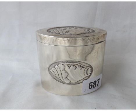 Tea caddy hinged cover embossed with shell motives 3"  high Sheff 1901 by TB &amp; S 115g.     