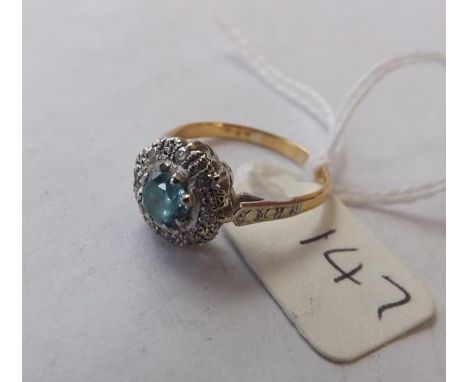 18ct gold blue Zircon and diamond cluster ring  approx size M         